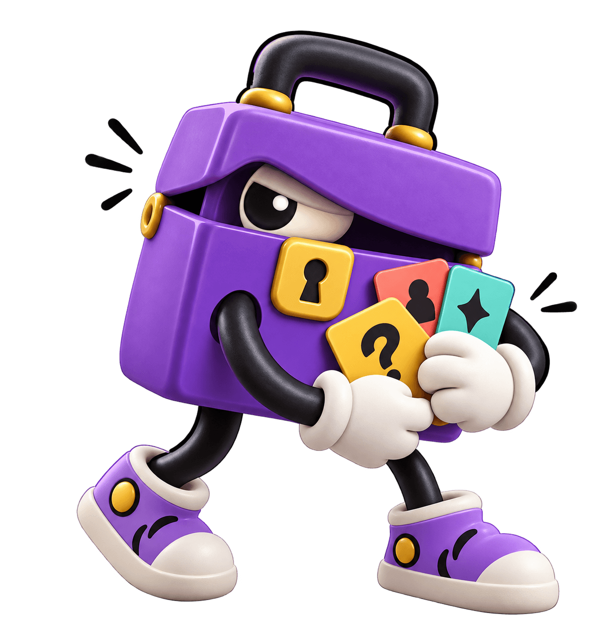 A playful purple lockbox character guarding colourful secret cards