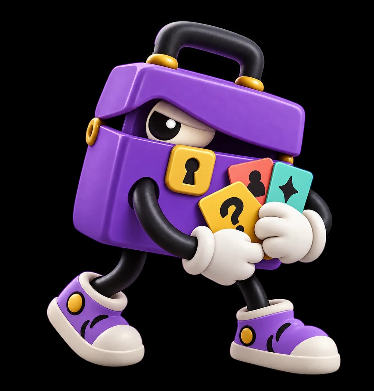 A playful purple lockbox character guarding colourful secret cards